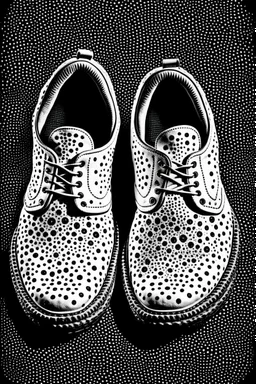 The footprints of two shoes. The tread pattern is white and made entirely from the shapes of ghosts in the style of Salvador Dali’s “the face of war”. Use no more than 4 colours.