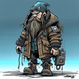 streetpunk vandal cyperpunk dwarf with cybernetic legs, dressed with a coat and beanie