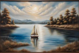 an encaustic painting depicting a landscape of a lake and a single sailboat sailing on it. Add an island and details to create an example of beautiful artistic work. Modifiers: highly detailed masterpiece photorealistic dynamic lighting fantastic view metchley wet oil and wax