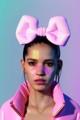 Ultra Realistic image, Rosalía artist, natural body ,portrait, normal complexion, portrait, clean skin, two bows, little chopsticks hair , black eye long line, sweet face, t-shirt with holes, inflatable open coat, gold pink and blue style, spray line glow, big geometric led jewelry, fog, hot, inflatable style latex coat, vibrant color, highly detailed, art stations, concept art, smooth, unreal engine 5, god rays, ray tracing, RTX, lumen lighting, ultra detail, volumetric lighting, 3d.