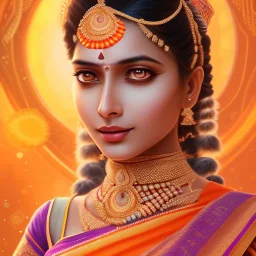 Indian woman in sari in an orange and violet landscape with multicolored crystals falling from the sky, full of details, smooth, bright sunshine，soft light atmosphere, light effect，vaporwave colorful, concept art, smooth, extremely sharp detail, finely tuned detail, ultra high definition, 8 k, unreal engine 5, ultra sharp focus