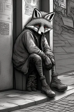 One single mature homeless fox with worn out clothes, sitting in a corner on the street, guitar standing on the left side, Vienna, mourning, model style, hyper realistic, extremely accurate, delicate, extremely detailed, Graphic novel style, wide-angle, open aperture, superfine pencil