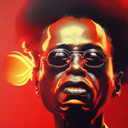 Miles Davis, fire, forest, red, masterpiece, expert, 8K, hyperrealism, sharp focus, cinematic lighting