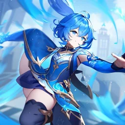 Clear focus,High resolution, Vibrant short blue hair, Vibrant blue eyes, Genshin impact inspired outfit, wearing a short skirt, kicking pose