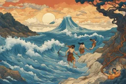 colourful digital painting of the odyssey quest with the mythos cyclops by homer, in the style of hokusai and van gogh