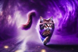 A hyper-realistic ,A purple cat walking in space, the space is colorful, a fairy tale look, the cat is smiling, Photo Real, HOF, full size, practicality,manufacturability,performance, (((realism, realistic, realphoto, photography, portrait, realistic, elegant, charming, apocalyptic environment, professional photographer, captured with professional DSLR camera, trending on Artstation, 64k, ultra de