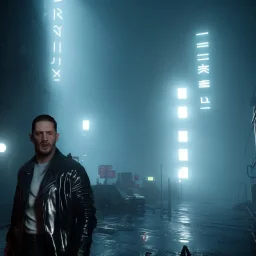 Actor, tom hardy, blade runner style, rain, fog, neon ambient, gradient color, clean skin, circuits, latex coat, cyber punk, neon, tubes, portrait, photo studio, unreal engine 5, smooth color, 16 bit, god lights, ray tracing, RTX, lumen lighting, ultra deatail, volumetric lighting, 3d, finely drawn, hd.