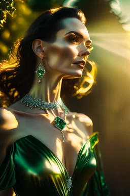 hyper realistic, ultra detailed photograph of a woman, happy, white gold jewelry, very nice dark green velvet dress ,standing fashion pose ,pretty high heels,full body shot,shiny, sunlight godrays, depth of field, HOF, hall of fame, detailed gorgeous face, apocalyptic environment, natural body posture, professional photographer, captured with professional DSLR camera, trending on Artstation, 64k, ultra detailed, ultra accurate detailed, bokeh lighting, surrealism, Thomas Kinkade background, urba