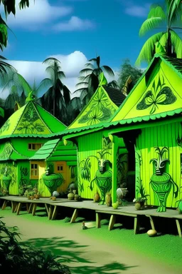 A lime green village with insects designed in Hawaiian tikis painted by Andy Warhol