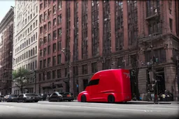 A Tesla 'Semi' (semi truck) is parked, near the Flatiron Building in Manhattan. (CINEMATIC, WIDE ANGLE LENS, PHOTO REAL)