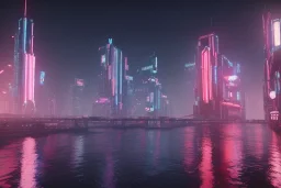 3D, beautiful, light reflecting, empty future city skyline at night, rainy night, neon, cyberpunk, tron, one cyborg walking, 8k, finely detailed, photo realistic