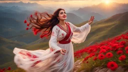 Hyper Realistic Photographic View Of A Beautiful Young Pashto Woman With Beautiful Eyes Lips & Nose (Wearing Beautiful White Frock With Red Flower Patterns On It Her Beautiful Long Hair Whirling In Air) Happily Whirling On Mountain-Top With A Valley Down, At Cloudy Sunset Showing Dramatic & Cinematic Ambiance.