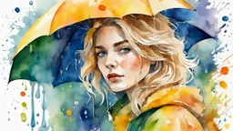 watercolor, old paper, portrait of a blonde woman, fine drawing, rain, wind, flowers, umbrella, autumn, paint blots, splashes, tears, plants, yellow, blue, green, orange colors