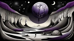 inner world , surrel dream, one alone human figure sitting on giant dark ball , weird whimsical landscape, alien forest, and Sahara water and rocks,, around surreal cracked painted weird land with some black doors. dark purple, gray, black, white, brown. Whimsical style of Chagall , of Minjae Lee and Anton Semenov, lonely with absurd beauty. broken, weird bizarr,e absurd nightmare, neuron network background, surreal vibe