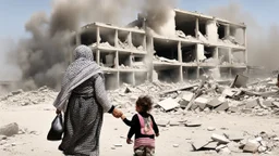 Palestinian old woman wears the keffiyeh , Carrying a small girl ,at summer , Destroyed Buildings , with a Explosions, at night