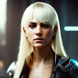 Photorealistic headshot of a beautiful fierce blonde assassin cyberpunk dynamic pose