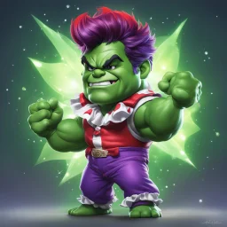 chibi cute caricature of Hulk as a 1990's clown, surrounded by will-o'-the-wisp, elegant, close wiew, dynamic pose, photorealistic rendering --ar 2:3 --stylize 500 --v 6