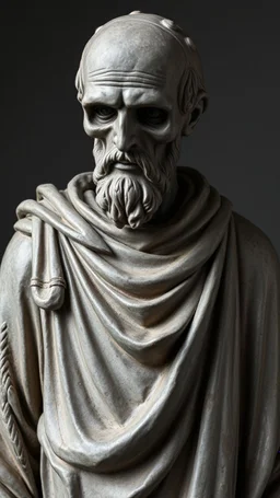 Ceramic style statue all colours are dark gray of an old church man from the 100 BC in it a whole body and the head of dead man with bold head