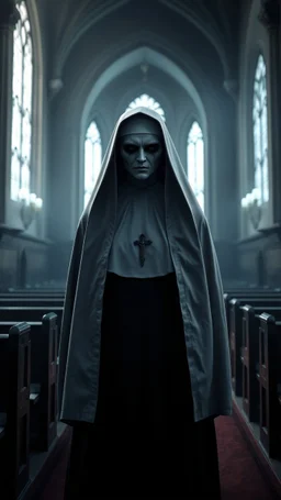 a front view of the Nun from the horror movie, standing in the church , in a 3d rendering full-height image of a grim and dark scene. Ensure the final images exhibit the utmost quality, encompassing 4K, 8K, and 64K resolutions, with 3D rendering that manifests in photorealistic, hyperrealistic, and highly detailed representations. Employ techniques such as HDR, UHD,