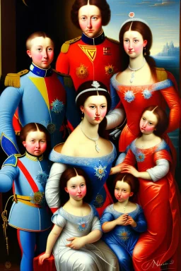 A family painting of a beautiful modern European family with two parents and five kids