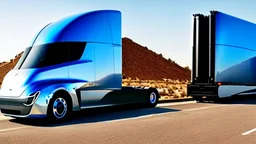 A Tesla semi-truck is parked, in the post-apocalyptic world of the 'Terminator' movies. CINEMATIC. WIDE ANGLE LENS. PHOTO REAL.