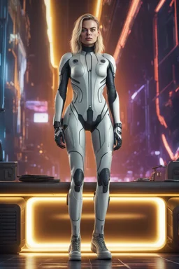 "Ultra realistic full body shot a margot robbie concept, looking at the camera,full legs, cyberpunk, neo-figurative,concept ,full length view, face , full size, science, technology,future,electric ,futuristic style, design, practicality,manufacturability,performance, HOF, professional photographer, captured with professional DSLR camera, trending on Artstation, 64k, full size, ultra detailed, ultra accurate detailed, bokeh lighting, surrealism, background, detailed