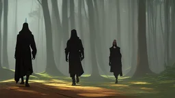 black robed and hooded monks walk through the forest