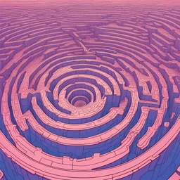 An infinite labyrinth with winding, endless pathways in a surreal and fantastical style inspired by Moebius. The maze is filled with fluid, organic lines, vibrant colors, and intricate, dreamlike details, creating an otherworldly environment that bends reality and perspective, inviting an endless exploration.