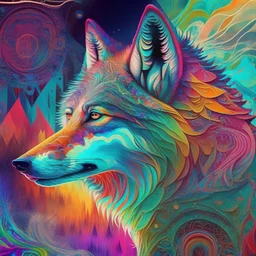 a psychedelic wolf in a colorful wonderland