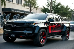 a super futuristic car, for all terrain, pickup fashion, black and red colors, big wheels, CHEVROLET INSPIRED, stay on street full of zombies