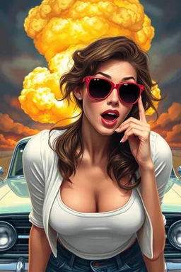 an young woman leaning forward(cropped tightly from between nose and stomach, white top with wide neck opening, cleavage, hands at side of face, with surprised expression, home alone scream, wavy hair, large cheep sunglasses), nuclear explosion and classic Cars in background, greaser, digital painted illustration