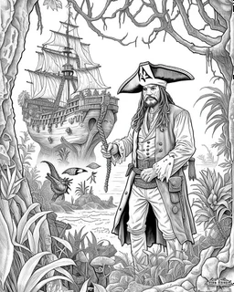 Pirates of the Caribbean: Jack Sparrow's Jungle Adventure Coloring Page: Design an adventurous coloring page inspired by the Pirates of the Caribbean movie, featuring Jack Sparrow navigating a dense jungle on a quest. Remove black color backgrounds and lines as much as possible, allowing kids to focus on coloring towering trees, wild animals, and hidden paths. This black-and-white canvas invites young artists to bring the excitement of Jack Sparrow's jungle exploration to life in their imaginati