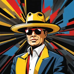 Without glasses Gustavo Petro, comic style artwork, dark yellow, black, red and blue, with wide-brimmed hat, with white shirt, calm,