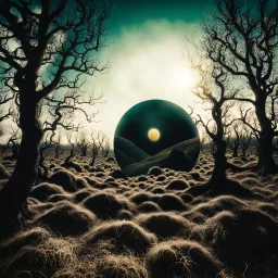 Close-up polaroid of a creepy surreal landscape, monsters, eerie, Max Ernst style, very surreal, trees, spooky, metaphysical objects, giant sun, intricate, thoughtful, appalling, deep 3d field, 8k, hypermaximalist