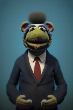 Waist up muppet Portrait, Xi Jinping as muppet doll, Black suit, photo studio, blue background, unreal engine 5, concept art, art station, god lights, ray tracing, RTX, lumen lighting, ultra detail, volumetric lighting, 3d.