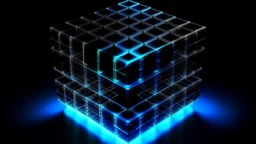 Cube tesseract located strictly in the middle of picture with space around it and with glow in tesseract, but without glow below it, without background or table. For 404 error page.