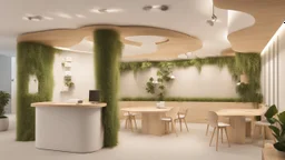 Corner exhibition stand in light colors with wood elements and greenery with two meeting areas