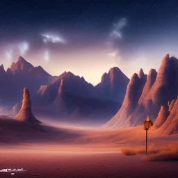 desert, great mountains, night sky, landscape, high detailed, hyperrealisme, sharp focus