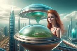 beautiful woman in flying saucer with clear dome top over future alien city