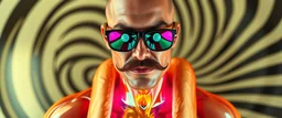 hot dog commercial caravan magic, blissfull genious, ultra chromatic, cyber jobe, flying yoga magic , lawn mover man movie character, portrait of upper body of cool transparent guy made with nano tape and with shades and mustache and bald head, saw blade beholder eye tyrant flating beholder kin with eyes on each saw blade tooth saying something profound, hypnotic zebra twirl background, with chrome reflections, like he is floating in a giger cartoon