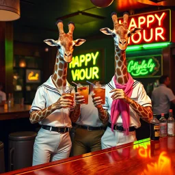 very Gay Giraffes sailors with white shirts, tight pants, happy tail and berets standing in a bar drinking drinks with umbrellas, pride, makeup, smoking cigaretts, smiling, sparkling eyes, very happy, after dark, pink scarf, happy hour drinks neon signs, necking, happy cock hour, pride, pride and pride