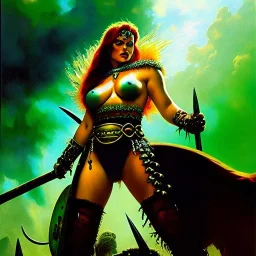 portrait oil on canvas, beautiful punk busty female Barbarian Warrior,green eyes, ,minimal armor,comic book cover, mystical colors,insanely detailed,realistic,intrincate detail, 16k resolution, masterpiece,Frank Frazetta,Alex Horley, Simon Bisley