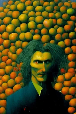 composition hair fully in focus full shot fine detailed oil painting portrait of a man with apples by artist "Zdzisław Beksiński"