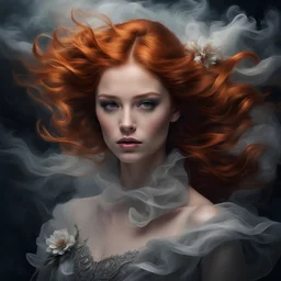 portrait a girl with ginger hair and flower on her forehead, in the style of eerie dreamscapes, flowing fabrics, romantic windblowing, swirling hair, Windy, swirling dark style Dark, misty, fantasy Dark, dark scene, eerie, macabre, black smoke, ultraclear image"