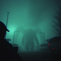 The atmosphere is eerie, suffocating, and raw, with the feeling that the camera operator is witnessing something forbidden and legendary — a colossal being that has been hiding for ages, suddenly revealed. The image must feel authentic and unpolished — like amateur footage captured in real time. Prioritize pixelation, color noise, digital compression artifacts, motion blur, and the unsettling atmosphere of being near a gigantic shadow-creature. Do not stylize or modernize.