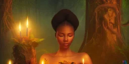 beautiful african lady meditating at night with candles in a enchanted jungle, fotorealistic, high quality, landscape, 17