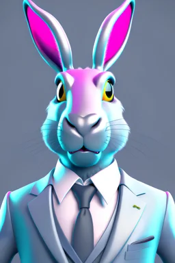 Anthropomorphic hare in a grey suit and hyper-realistic 8K tie