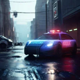 Cyberpunk,police car in night city on the rain unreal engine 5, octane render,cinema4d, dynamic lighting, 8k, redshift render, highly, hyperrealism ultra realistic, hyper realistic.