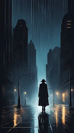 An atmospheric, noir-style illustration of a rainy cityscape at night, featuring glowing streetlights reflecting off the wet pavement, towering Art Deco skyscrapers, and a mysterious figure , evoking a sense of intrigue and timelessness.thin line draw