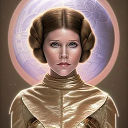 death star framedcomplete and photo realistic detailed head to waist stunning photo realistic portrait of young carrie fisher as Princess Leia in star wars with photo realistic hairstyle by Mandy Jurgens and mucha and Richard Schmid and chuck close and chie yoshii, extraordinary and detailed ceremony dress of star wars,brown eyes